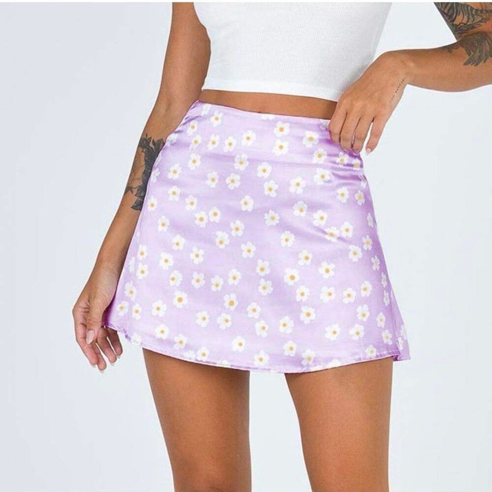 Princess Polly Olton Lilac Floral Back Zip Silky A Line Skater Mini Skirt 4
